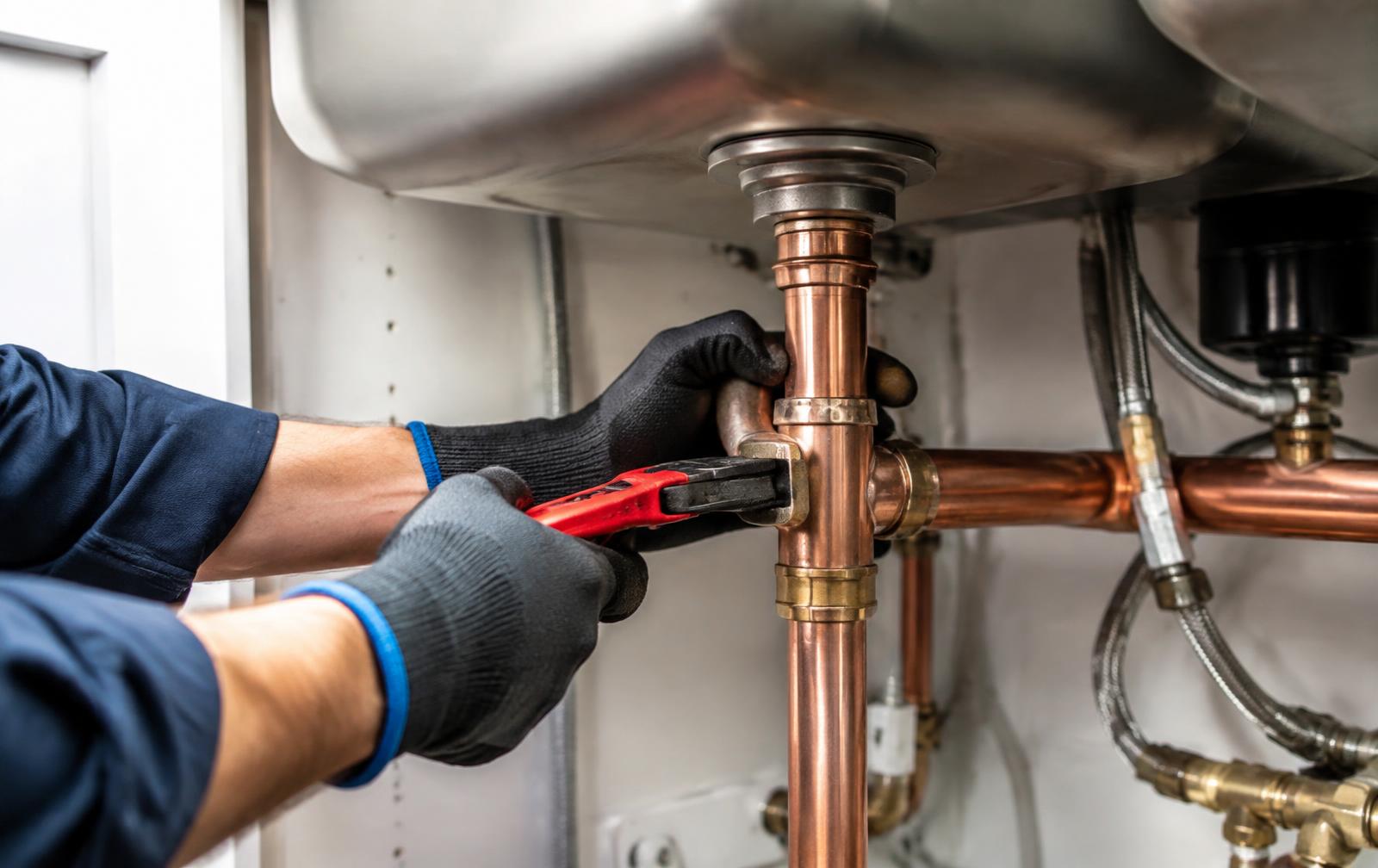 Plumber tightening a copper pipe fitting under a kitchen sink